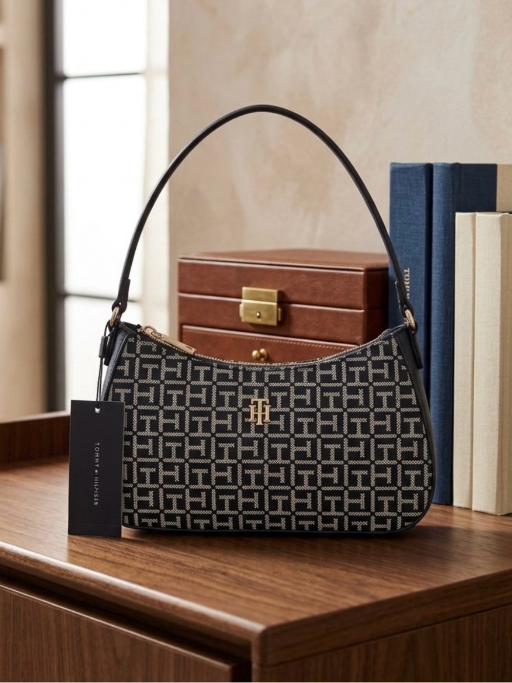 Tommy Hilfiger Black Monogram Jacquard Shoulder Bag with Gold Hardware